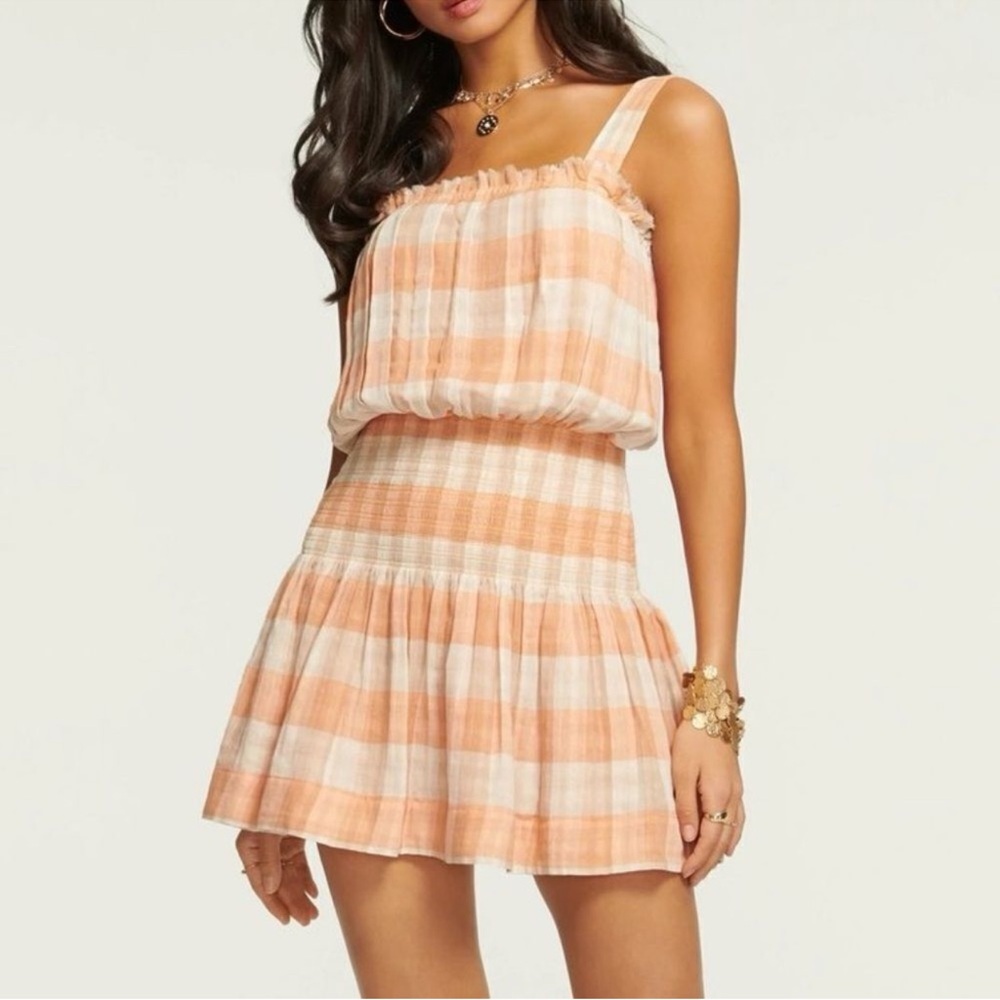 Ramy Brook Peach and White Plaid Mini Dress